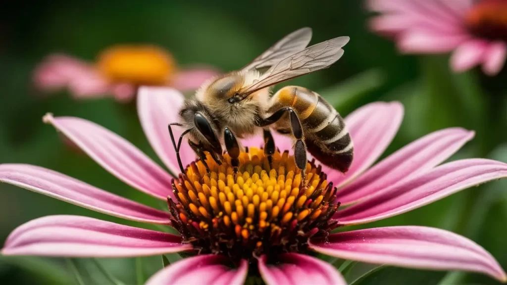 The bee and the flower in a symbiotic relationship