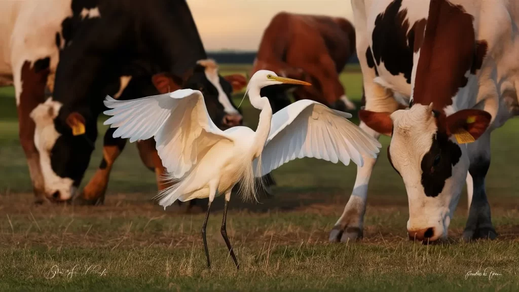 The Egret and the cattle in a perfect symbiotic relationship